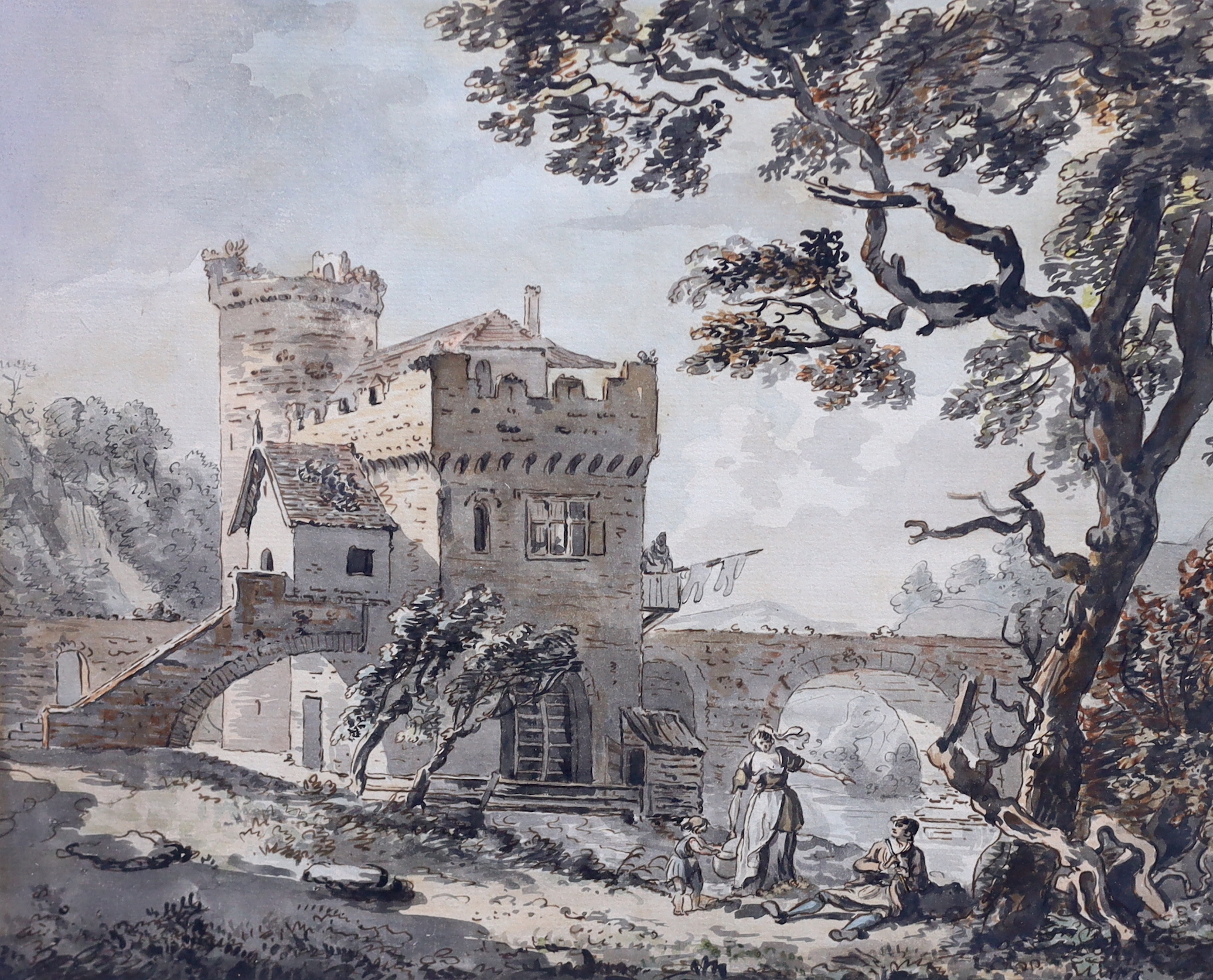 Attributed to Paul Sandby (British, 1730-1809), 'A fortified bridge in a river landscape', ink and watercolour, 25 x 31cm